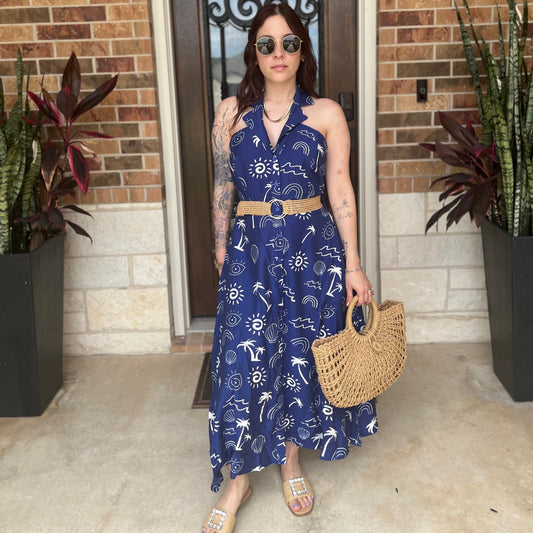 Print Belted Halter Dress
